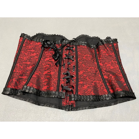 Red Black Floral Lace Boned Corset Top Gothic Steampunk Lace Up Back XL-2XL - Picture 12 of 12